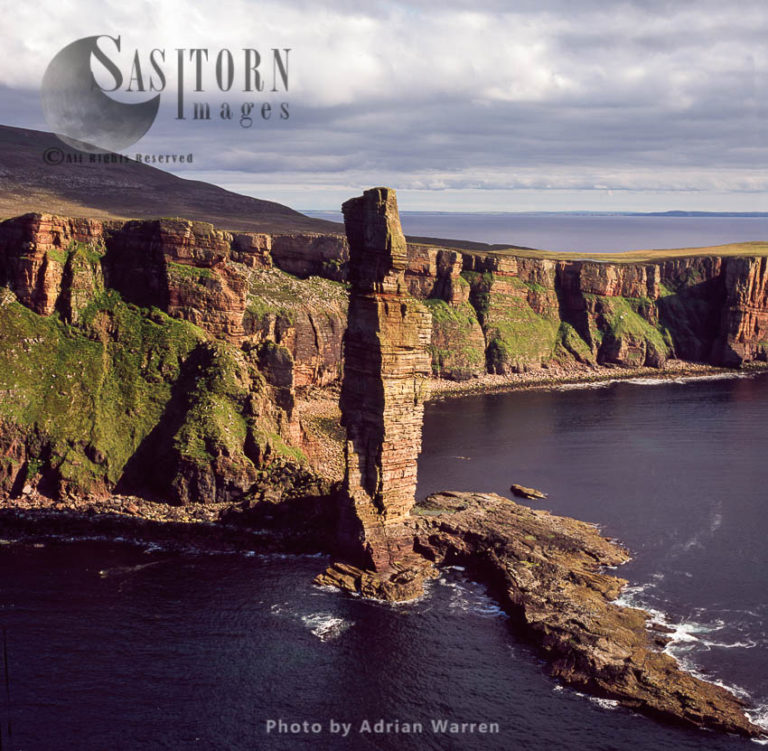 The Old Man of Hoy, 449 foot sea stack of red sandstone on Orkney Islands, Scotland