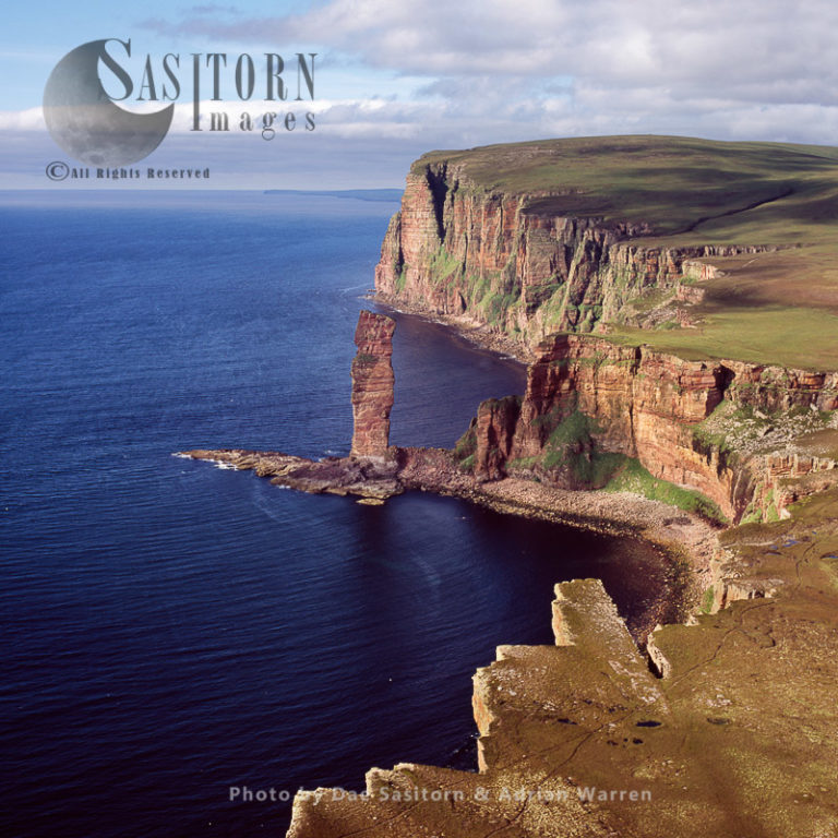 The Old Man of Hoy, 449 foot sea stack of red sandstone on Orkney Islands, Scotland