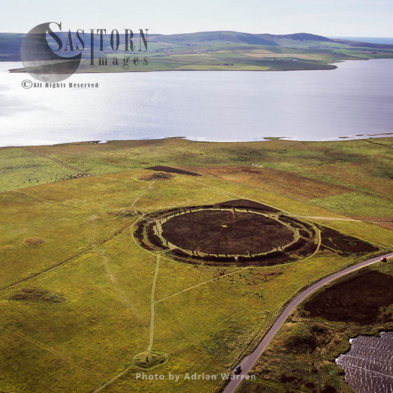 The Ring of Brodgar, a Neolithic henge and stone circle in Orkney, on a small isthmus between the Lochs of Stenness and Harray, Orkney Islands, Scotland