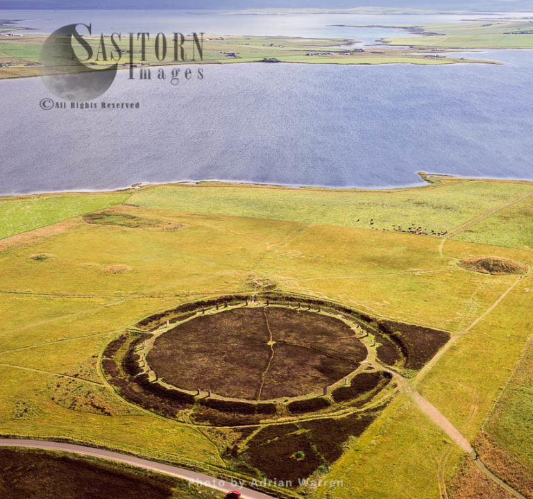 The Ring of Brodgar, a Neolithic henge and stone circle in Orkney, on a small isthmus between the Lochs of Stenness and Harray, Orkney Islands, Scotland