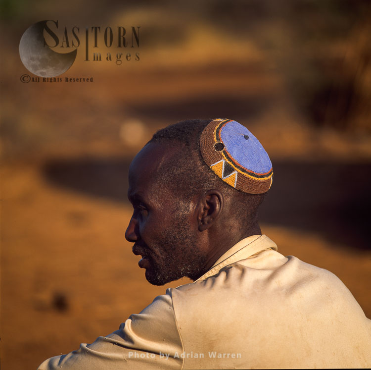 POKOT people, male with colourful headpiece, Northern Kenya, 1990, Africa