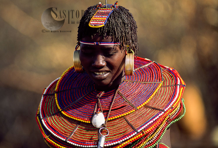 Pokot people (Pökoot), female with beautiful collar beads and headware jewelly, Northern Kenya. 1990