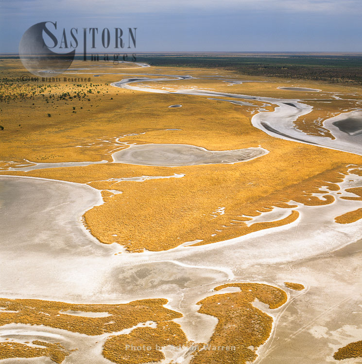 Etosha Pan on the western end connecting to the river Oshigambo and the river Ekuma