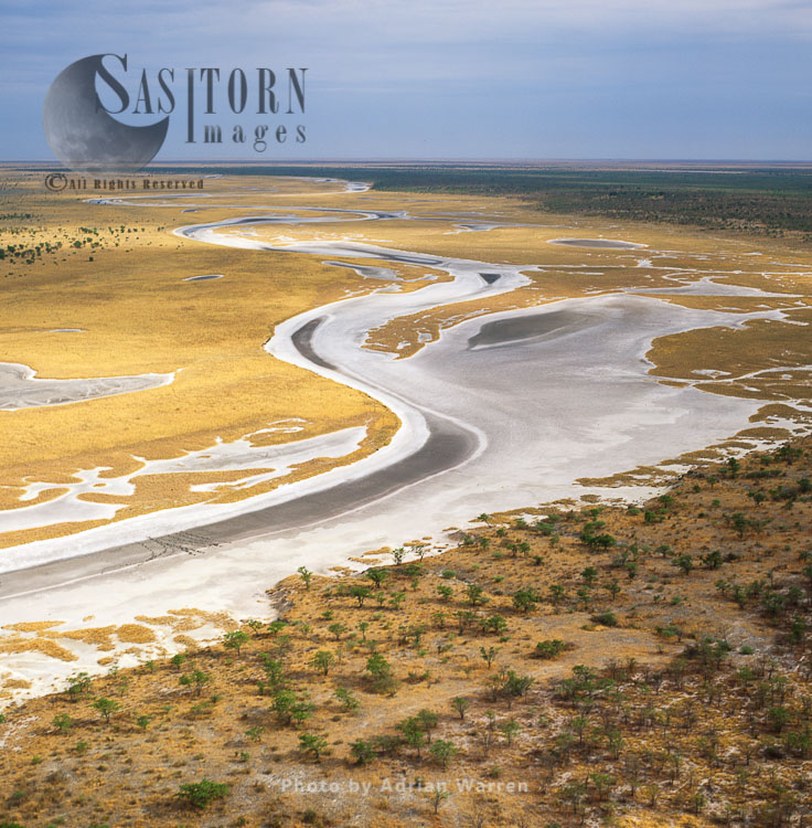 Etosha Pan on the western end connecting to the river Oshigambo