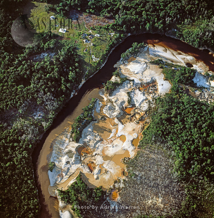 Gold mining site (April 2005) on the Upper Mazaruni River, Guyana, by the Akawaio Amerindian settlement of Kambaru.