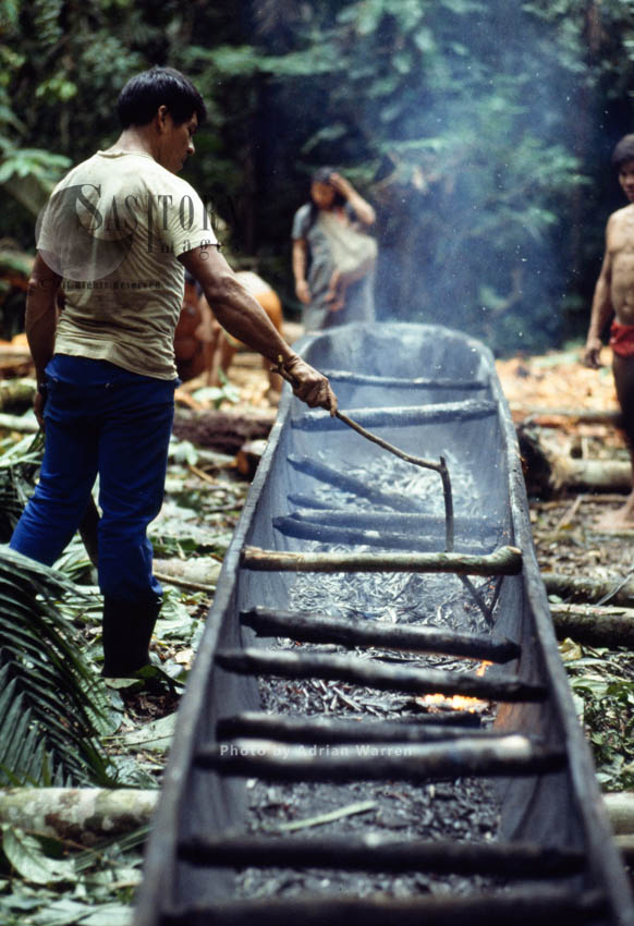 Waorani Indians : dug-out Canoe making, Rio Cononaco, Ecuador, 1983