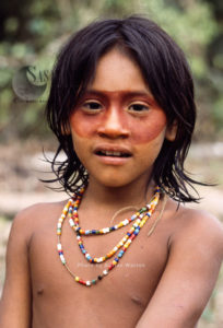Waorani Indians : Use of ACHIOTE for face decoration, Rio Cononaco, Ecuador, 1983 