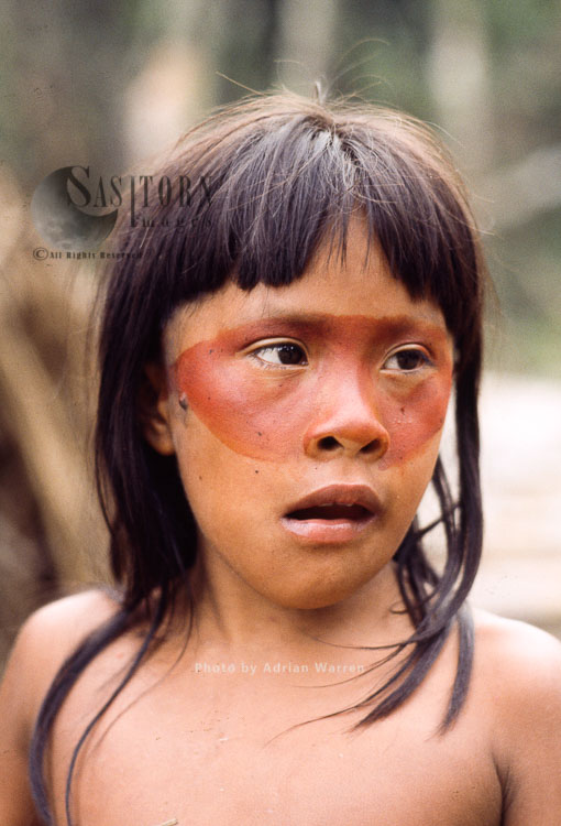 Waorani Indians : Use of ACHIOTE for face decoration, Rio Cononaco, Ecuador, 1983