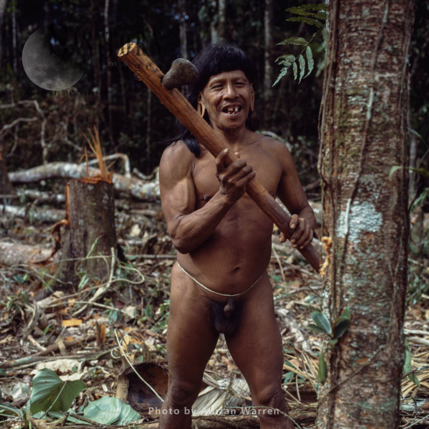 Waorani Indians : Caempaede with Stone Axe, Rio Cononaco, Ecuador, 1983