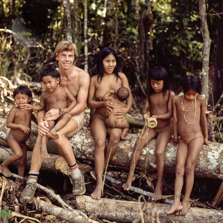 Waorani Indians: a family with Adrian Warren, Rio Cononaco, Ecuador, 1983
