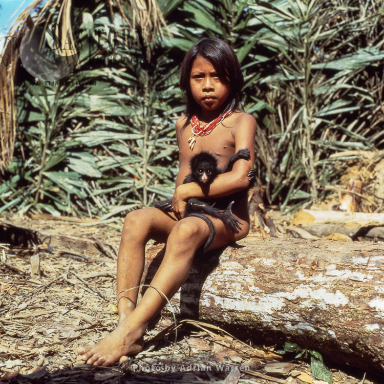 Waorani Indians : Girl with a Spider Monkey pet, Rio Cononaco, Ecuador, 1983