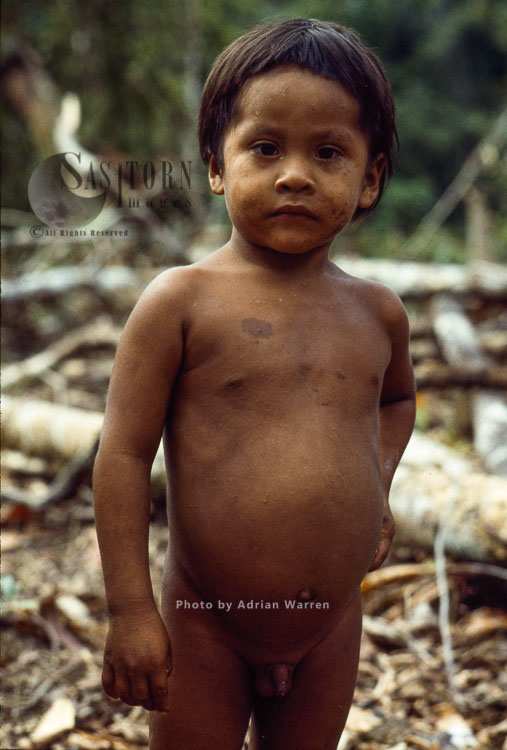 Waorani Indians, a boy, Rio Cononaco, Ecuador, 1983