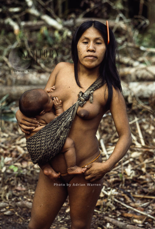 Waorani Indians, Mother and baby, Rio Cononaco, Ecuador, 1983