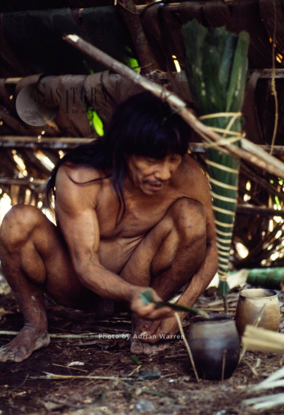 Waorani Indians:  curare preparation, Rio Cononaco, Ecuador, 1983