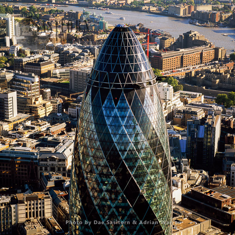 30 St Mary Axe or the Gherkin, a commercial skyscraper in London's primary financial district, the City of London