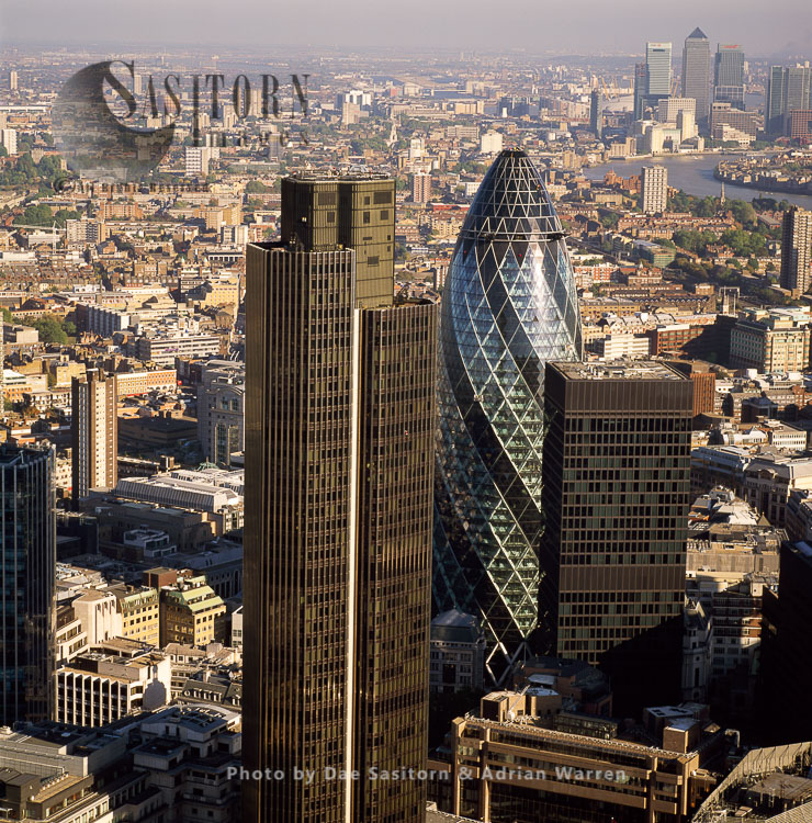 Tower 42, 30 St Mary Axe (Gherkin),  in London's primary financial district, the City of London