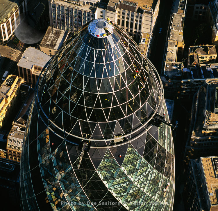 30 St Mary Axe or the Gherkin, a commercial skyscraper in London's primary financial district, the City of London