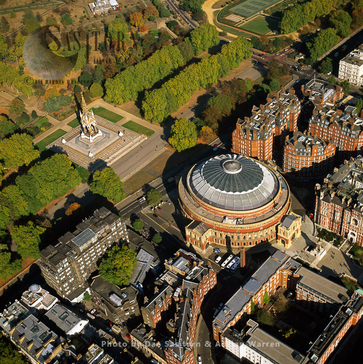 Royal Albert Hall, a concert hall on the northern edge of South Kensington, Albert Memorial in background, London