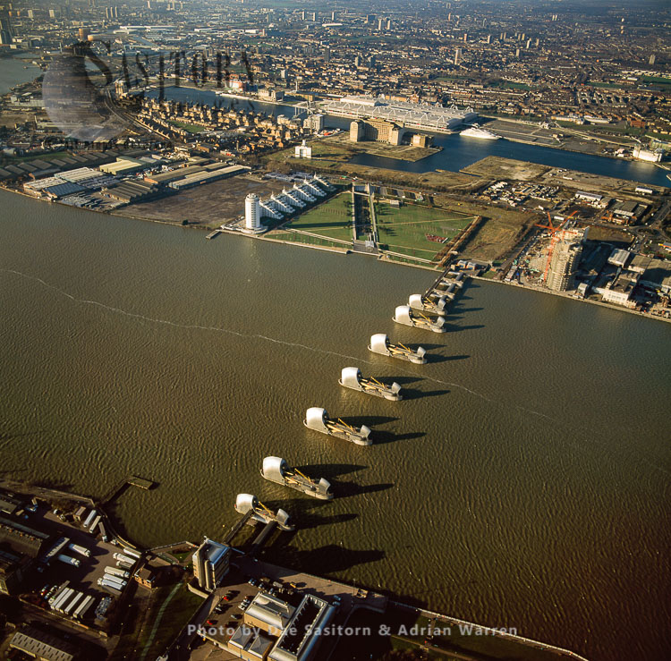 The Thames Barrier, a movable barrier system designed to prevent flooding of Greater London