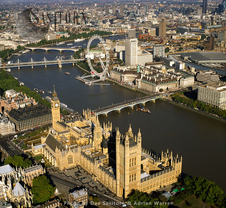 Palace of Westminster, Big Ben, and Westminster Bridge, looking north with Milliennium Wheel, Hungerford Bridge and Waterloo Bridge in background