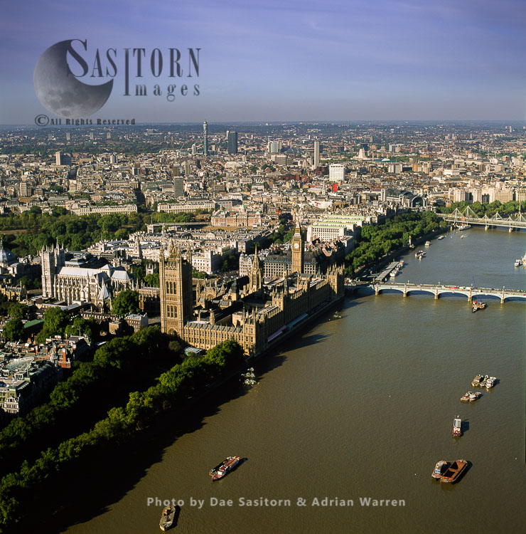 Palace of Westminster,  Big Ben and City of London, looking north with Hungerford Bridge in distance, Central London