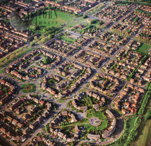 Milton Keynes, shows housing and its grid system, Buckinghamshire