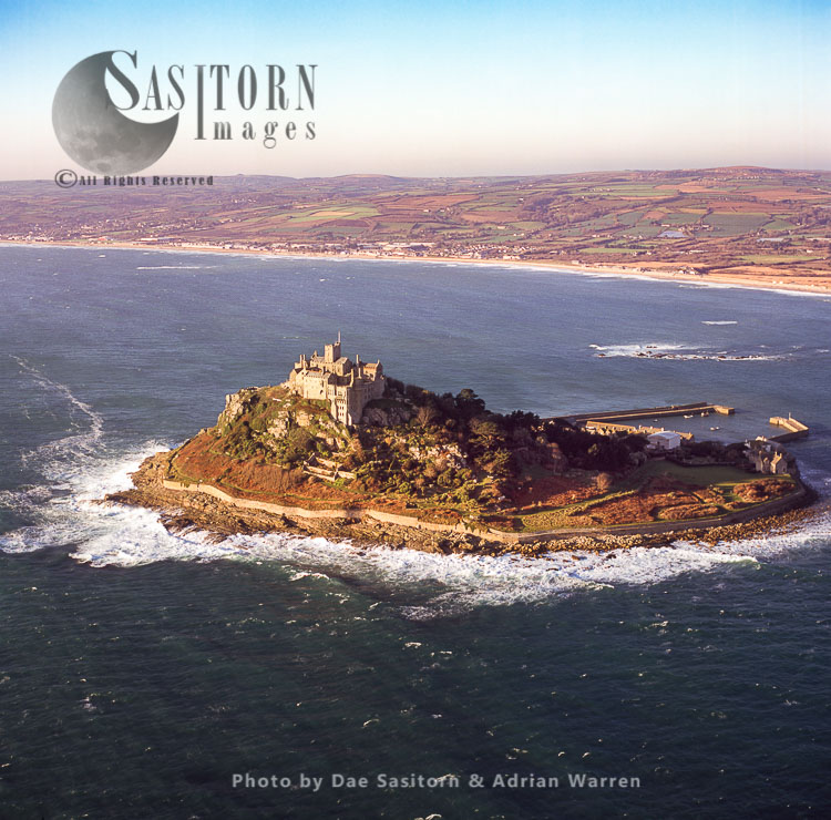 St Michael's Mount and its castle, a tidal island in Mount's Bay, Cornwall,