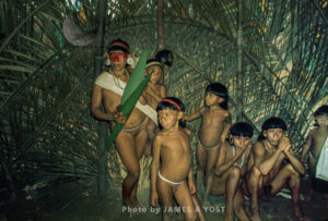 Waorani Indians: Visitors from Dicado show up at the Gabado aemae, Gabado, 1974, Ecuador