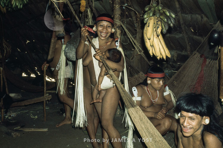 Waorani Indians: Chambira palm leaves make colorful arm decoration for an aemae, Gabado, 1974, Ecuador
