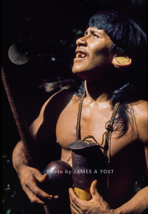 Waorani Indians: With quiver of darts and kapok carrier, a hunter concentrates on monkeys in the canopy, Gabado, 1974, Ecuador