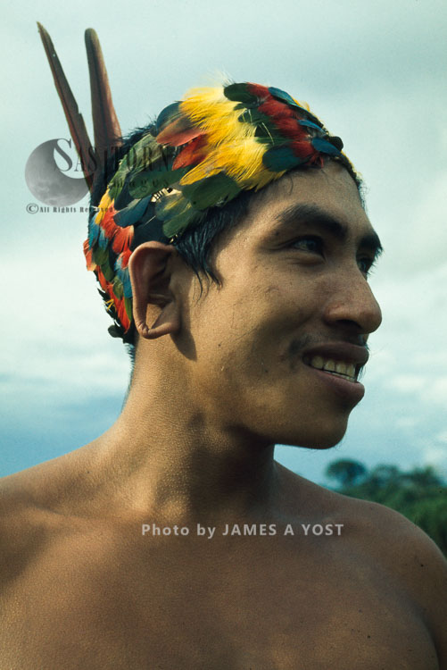 Waorani Indians: Tewae in traditional toucan headdress, Tewaeno, 1974, Ecuador