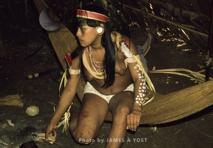 Waorani Indians: When clothing first became available, it was worn just for its beauty at fiestas, Gabado, 1974, Ecuador