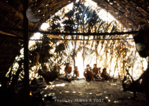 Waorani Indians, The longhouse interior, Gabado, Ecuador, 1973