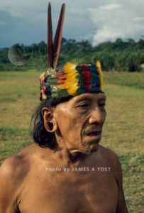 Waorani Indians: Cowae in traditional toucan headdress, Tewaeno, 1974, Ecuador