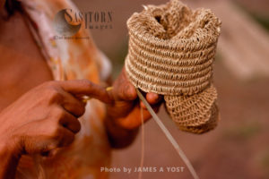 Waorani Indians: Chambira palm fiber made into twine is used for basket, Tewaeno, 1975, Ecuador