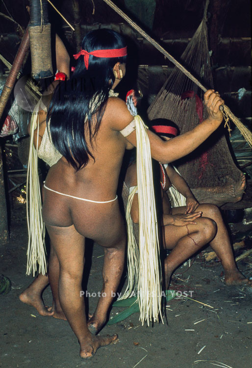 Waorani Indians: Traditional chambira leaves on armbands complement a trade ribbon, Gabado, 1974, Ecuador