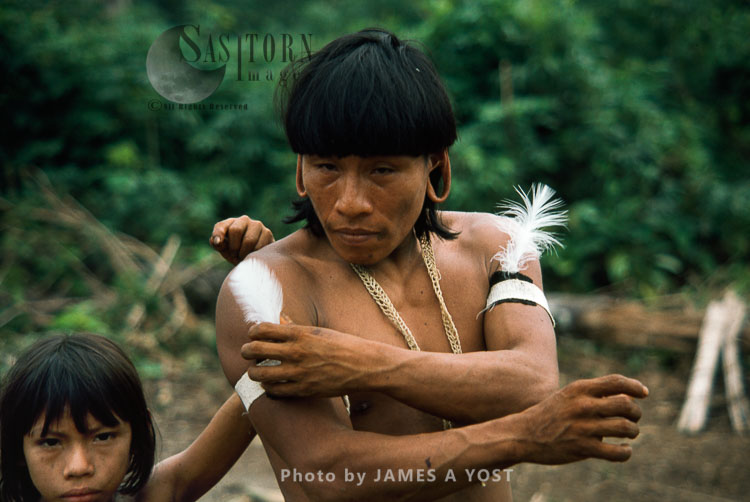 Waorani Indians: Harpy Eagle plumes adorn armbands, Gabado, 1974, Ecuador
