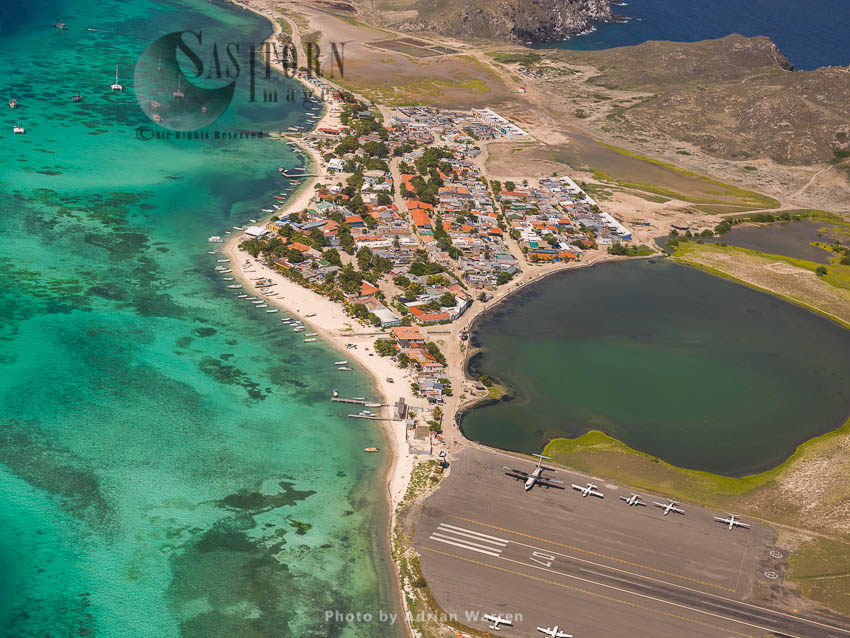 Gran Roque with airport, the main island of Los Roques archipelago, Caribbean Sea, Venezuela