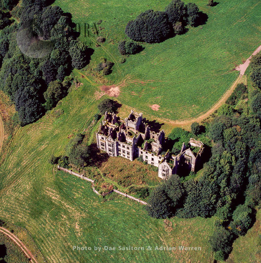Ury House, a ruined Elizabethan style large mansion, near Stonehaven, Aberdeenshire, North-East coast of Scotland
