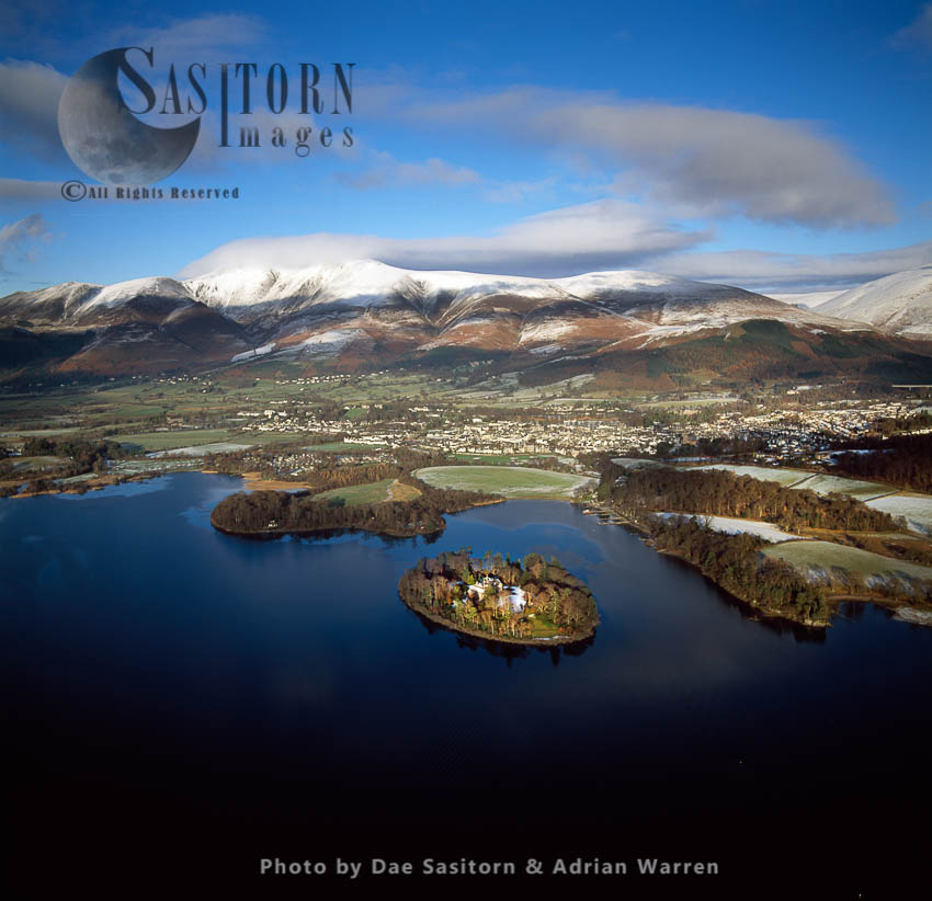Derwent Isle on Derwentwater and its town Keswick, Lake District National Park, Cumbria, England