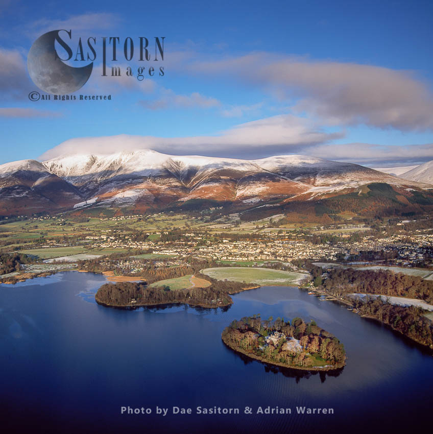 Derwent Isle on Derwentwater and its town Keswick, Lake District National Park, Cumbria, England