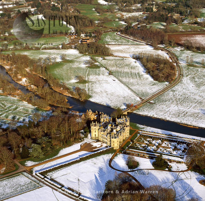 Longford Castle in snow, south of Salisbury, Wiltshire, England