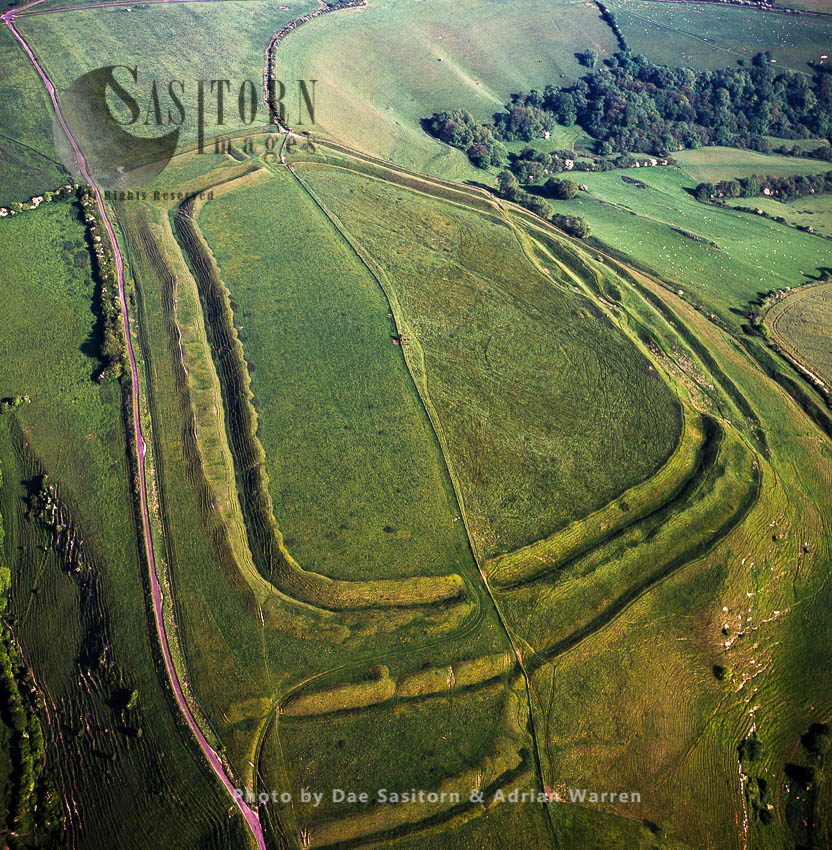 Eggardon Hill, an iron age hill fort, on chalk uplands near Bridport, Dorset