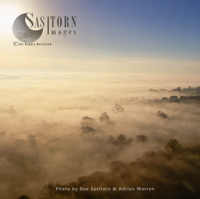 Mist over the Somerset Levels, near Glastonbury, Somerset, England