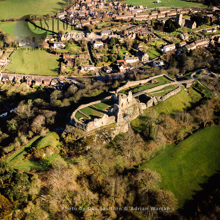 Montgomery Castle, Powys, Montgomeryshire. Stone enclosure fortress on a narrow ridge, North Wales