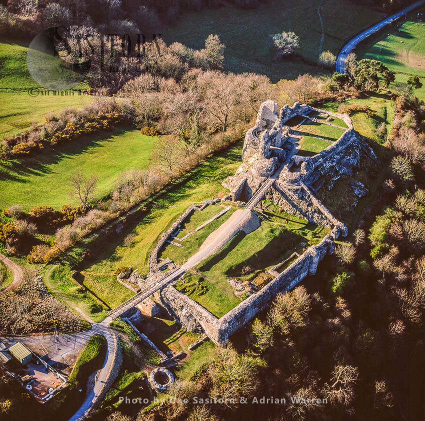 Montgomery Castle, Powys, Montgomeryshire. Stone enclosure fortress on a narrow ridge, North Wales
