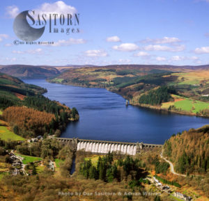 Lake Vyrnwy, a reservoir in Powys, Wales, built in the 1880s, the head of the Vyrnwy valley and village of Llanwddyn were flodded