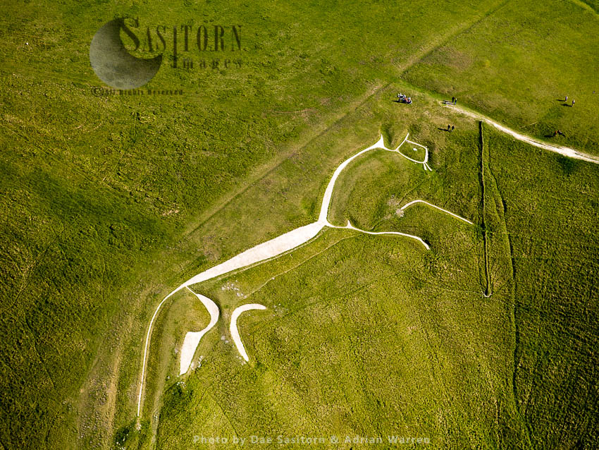 Uffington White Horse, a prehistoric hill figure, formed from deep trenches filled with crushed white chalk, Oxfordshire