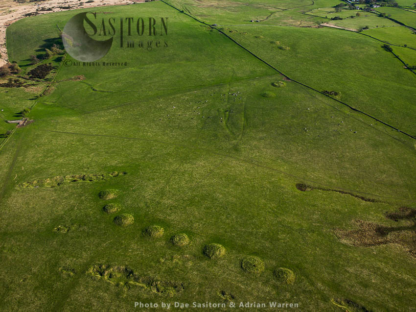Ashen Hill Barrow Cemeteries (in foreground) and Priddy Nine Barrows  (a pair in the middle and group of 7 further out), Priddy, somerset