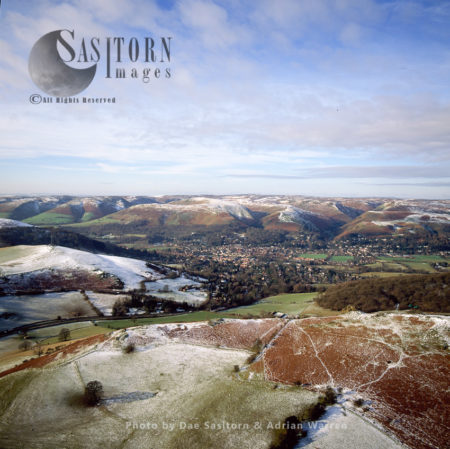 View of Church Stretton from Black Planting hill, southwest side of the Hope Bowdler Hills Shropshire, England